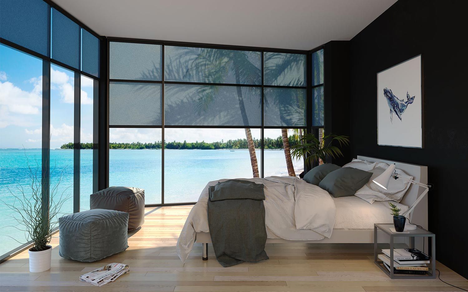 Screen Innovations motorized shades in a bedroom overlooking water